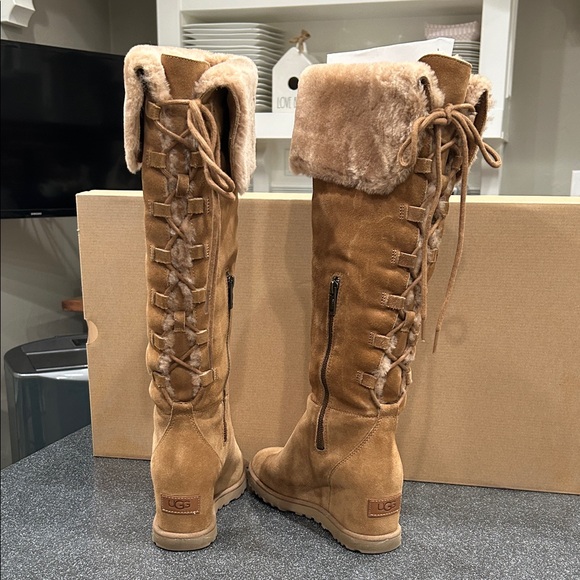 UGG Tan Over the Knee Boots with Fur Trim - Picture 5 of 7